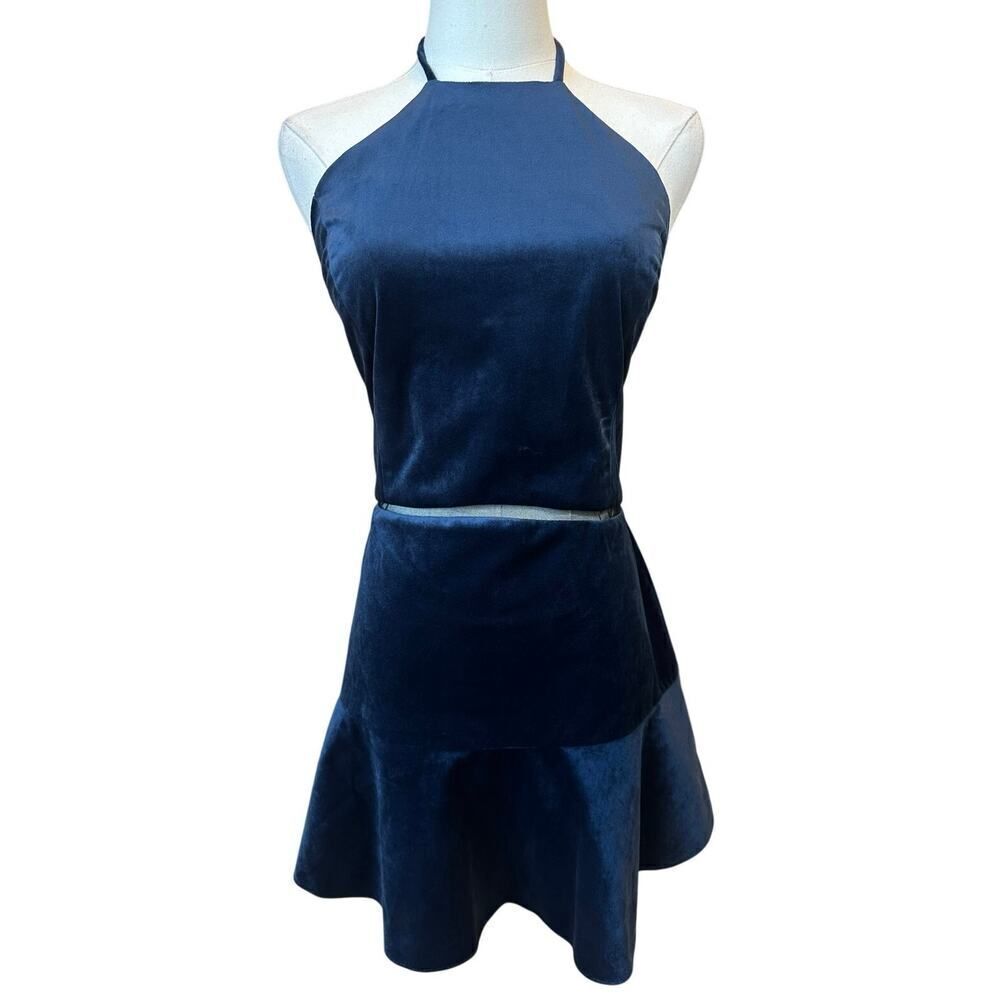 Karina Grimaldi Revolve Size Medium Blue Velvet Halter Mini Dress Office Siren